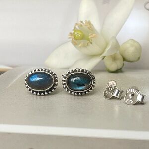 925 Sterling Silver Natural Labradorite Oval Stud Earrings! B O H O